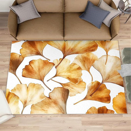 Golden Leaf Rugs for Bedroom - 2x3 Area Rug - 3D Ginkgo Leaf Rugs for Living Room, Modern Simple Art Rug, Non-Slip Washable Home Decor Carpet