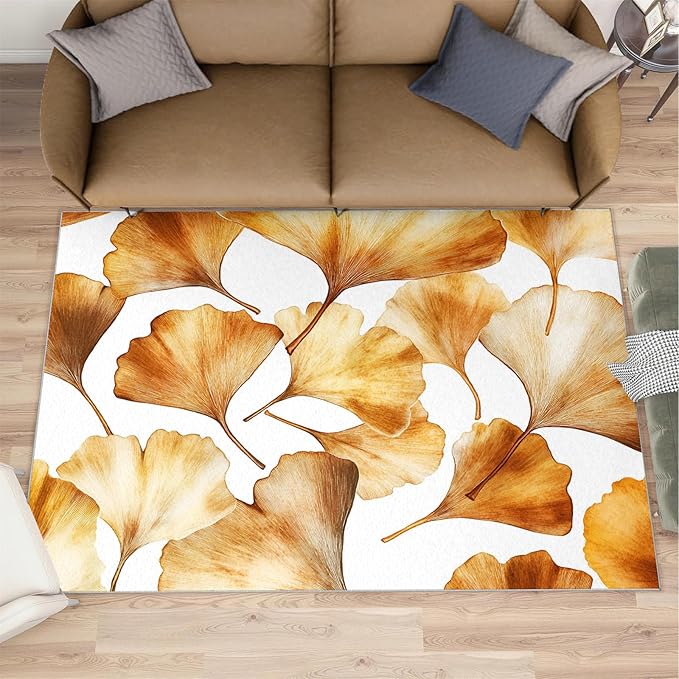 Golden Leaf Rugs for Bedroom - 4x5 Area Rug - 3D Ginkgo Leaf Rugs for Living Room, Modern Simple Art Rug, Non-Slip Washable Home Decor Carpet
