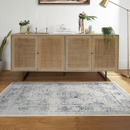 RUGGABLE Washable Vintage Area Rug – Sarrah Blue Quartz 4x6, Stain-Resistant, Non-Slip – Medium Machine Washable Rugs for Living Room, Bedroom, Hallway, Entryway & Office–with Standard Pad