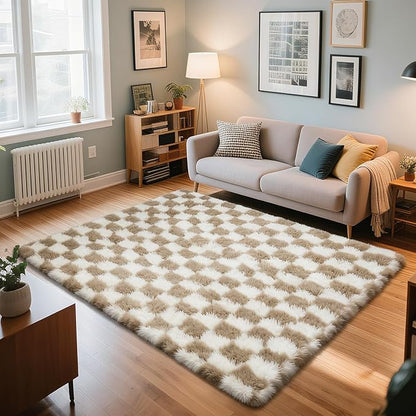 Checkered Rug for Bedroom, 4x6 Beige and White Area Rugs, Classic Checkered Carpets Shaggy Area Rug, Bedside Rugs for Living Room Bedroom Kids Room Home Decor