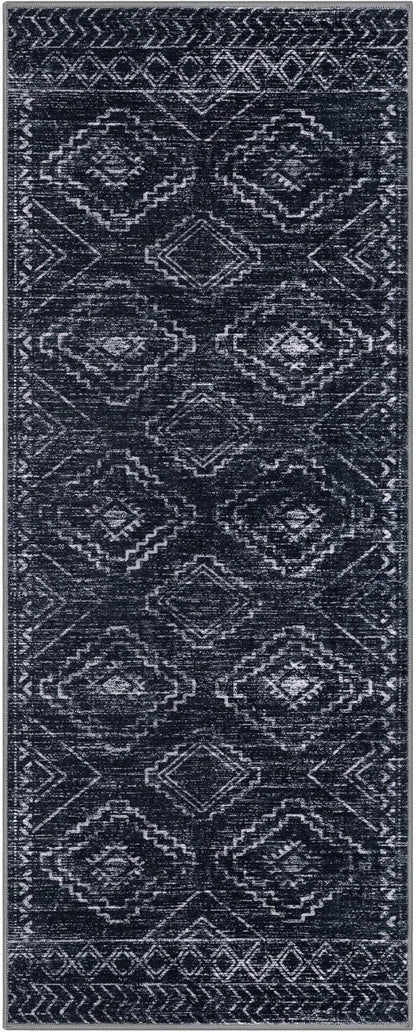 KILOCOCO Boho Kitchen Runner Rug 2x5 Washable Runner Rug, Soft Runners for Hallways Non Slip Printed Distressed Laundry Room Rug, Low-Pile Rug for Entryway/Bedroom/Living Room, Black/Navy