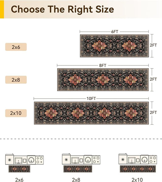 Area Rugs 2'x8' Washable Non-Slip, Floral Vintage Distress Print Pattern Medallion Carpet for Living Room Bedroom Dining Room, Black Colorful Floral Dark Tan