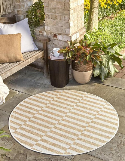 Unique Loom Outdoor Striped Collection Area Rug - Striped (5' 3" Round Taupe/Ivory)