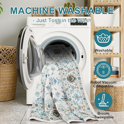 WILLSUN Washable Area Rugs, 4x6 Non-Slip Boho Large Area Rugs for Living Room, Bedroom, Machine Washable Vintage Rug, Indoor Floral Print Carpet for Home Decor, Kid & Pet Friendly Mat