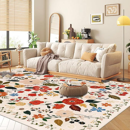 U'Artlines 8x10ft Colorful Floral Area Rug, Machine Washable Ultra Soft Low Pile Non Slip Non Shedding Accent Floor Carpet for Living Room, Bedroom, Dining Room, Office (Beige)