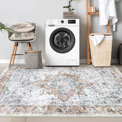 COMSLE 4x6 Rugs for Living Room Washable Area Rugs for Bedroom Faux Wool Distressed Throw Rugs Absorbent Non-Slip Floor Carpet for Indoor Kitchen Laundry Room Orange