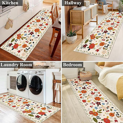 U'Artlines 2' x 8' Colorful Floral Runner Rug for Hallways Kitchen Soft Non Slip Washable Floor Carpet Runners for Entryway Laundry Room Bathroom Beige