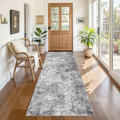 3X8 Washable Runner Rug for Hallway: Soft Neutral Modern Abstract Area Rug - Non-Slip Low Pile Long Throw Indoor Carpet for Kitchen Entryway Kitchen Bedroom Laundry Bathroom - Grey