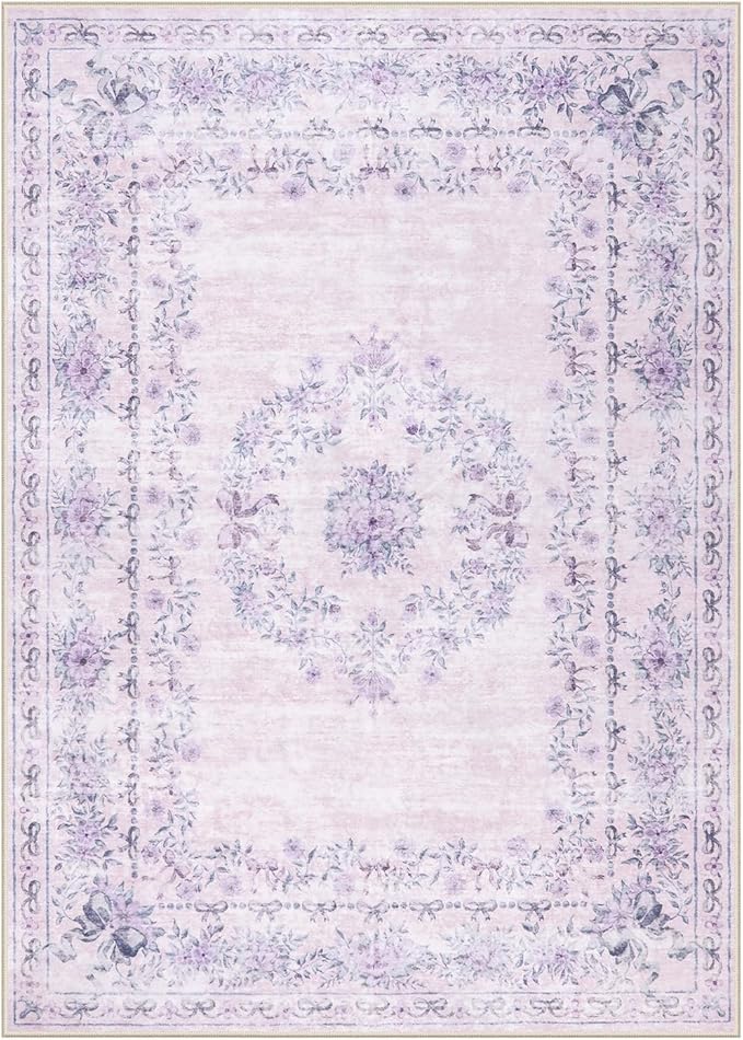Wonnitar Floral Bow Print Purple Rug, 5x7 Washable Rug for Girls Room Decor, Ultra-Thin Non Slip Soft Boho Carpet for Bedroom Nursery Toddler Kids Room Living Room Women Office