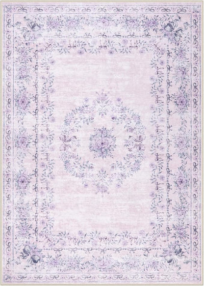 Wonnitar Floral Bow Print Purple Rug, 5x7 Washable Rug for Girls Room Decor, Ultra-Thin Non Slip Soft Boho Carpet for Bedroom Nursery Toddler Kids Room Living Room Women Office