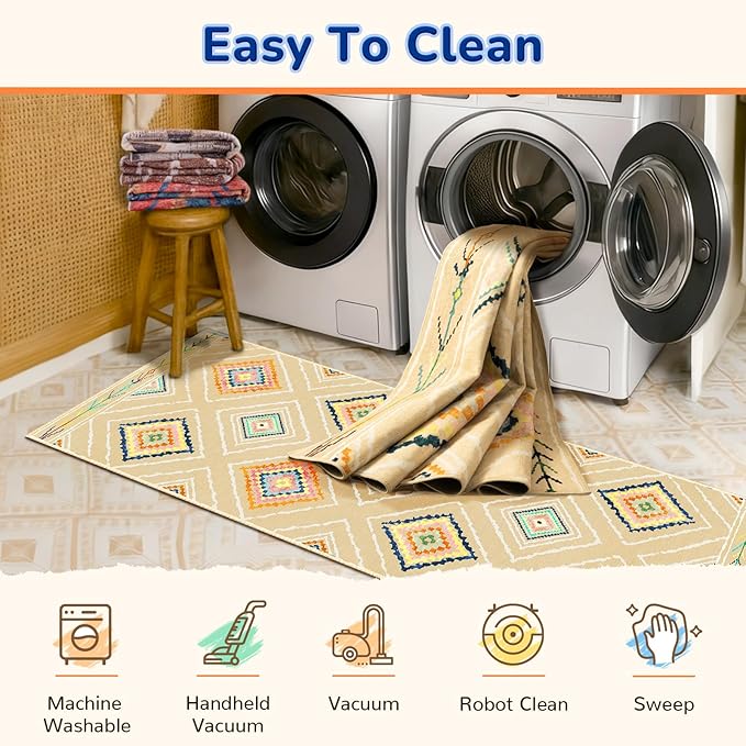 Area Rug 9x12 Rug Machine Washable Non-Slip Low Pile Print Pattern Western Rug for Living Room Bedroom Entryway Tribal Series -Cream/Beige