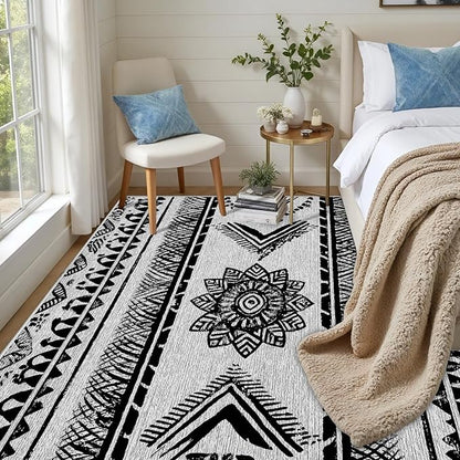 Area Rugs Moroccan for Living Room 2x3, Washable Non-Slip Boho Rug, Neutral Farmhouse Soft Carpet for Bedroom, Kitchen, Dining Room, Entryway, Geometric Print Tribal Carpets, Black and White