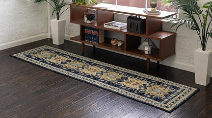 Unique Loom Taftan Collection Border Geometric Tribal Inspired Design Area Rug (2' 7 x 10' 0 Runner, Navy Blue/ Gold)