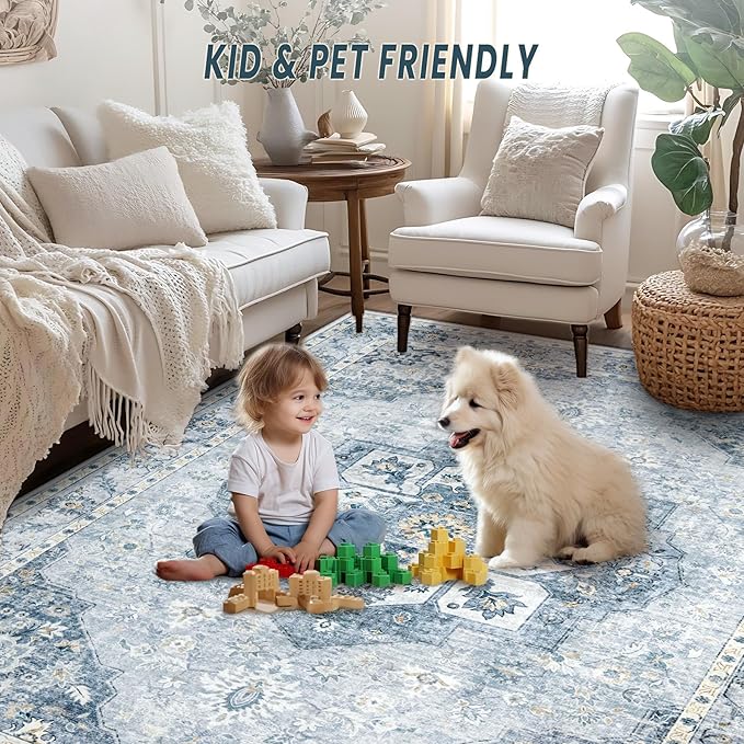 6x9 Area Rugs Washable Rugs for Living Room, Vintage Boho Rug Non-Slip Soft Floral Distressed Rug Low Pile Stain Resistant Carpet for Bedroom Nursery Office Dining Room Farmhouse Dorm(Blue, 6'x9')