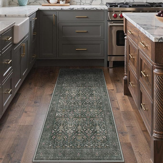 Bavni 2'6''x6 Rug Runners for Hallways, Washable Runner Rug Non Slip, Vintage Floral Print Style Rugs for Bedroom-Lightweight Low Pile Carpet for Hallways Bathroom, Dark Green