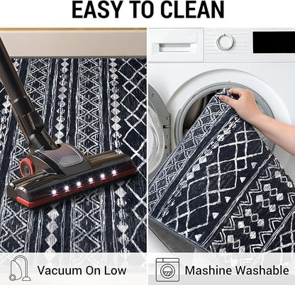KUTA Moroccan Washable Hallway Runner Rug, 2x6 Non-Slip Vintage Black Boho Rugs Kitchen Runners Ultra Soft Distressed Geometric Floor Carpet for Bedroom Laundry Living Room