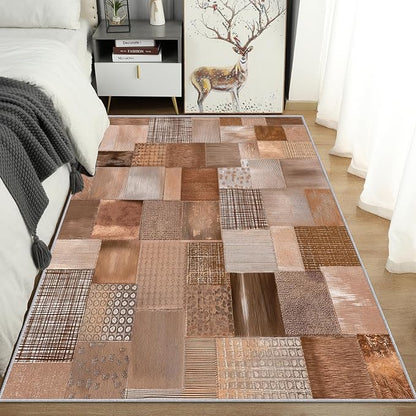 Patchwork Rug Small, Washable 2x3 Throw Rug for Entryway, Geometric Brown Patterned Indoor Door Mat, Patchwork Decor for Home, Bedroom, Soft Non Slip Thin Design FER2