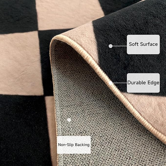 Checkered Area Rug 5x7 Black Washable Living Rugs Non-Slip Modern Ultra Soft Neutral Low Pile Diamond Carpet for Office Dining Room Playroom Kids Room