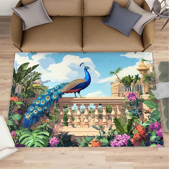 Peacock Rugs for Living Room - 5x6 Rug, Tropical Palm Leaves Area Rugs for Bedroom, Peacock Decor Rug, Floral Animal Washable Carpet, Peafowl Carpet - Peafowl Home Decor & Gifts