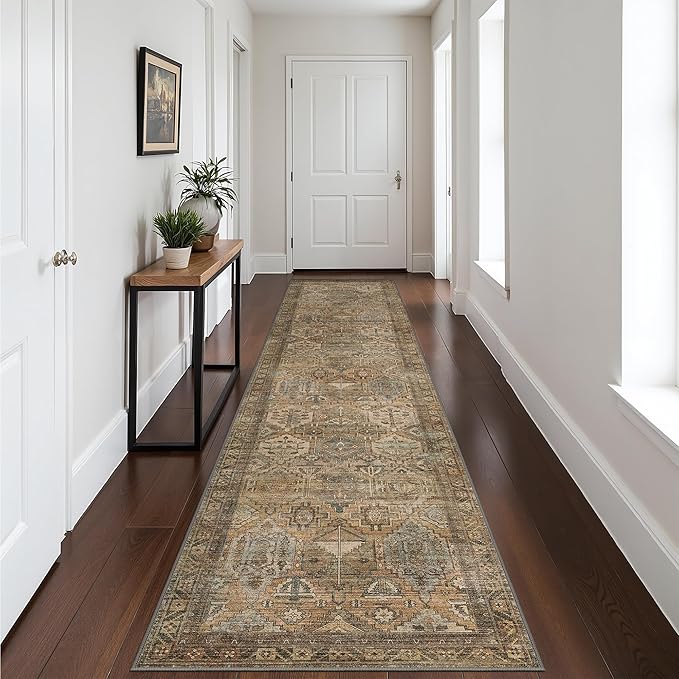 Bavni Runner Rug 2x12 Kitchen Rugs for Hallways Entryway, Washable Vintage Print Carpet, Ultra-Thin Chenille Low Pile Lightweight Rug with Non Slip Backing, Warm Taupe