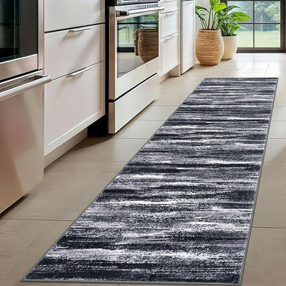 Modern Abstract Hallway Runner Rug, Black Grey Washable Entryway Runner Non-Slip Soft 2x8 Runner Rug Thin Print Faux Wool Carpet for Kitchen Bedroom Laundry Room Indoor Home Decor
