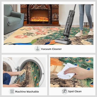 Peacock Peony Flower Area Rug 5x6-5x6 Rug, Classic Peacock Peony Rugs for Living Room, Oriental Carpet, Floral Animal Washable Area Rugs for Bedroom, Aesthetics Carpet - Peafowl Home Decor & Gifts