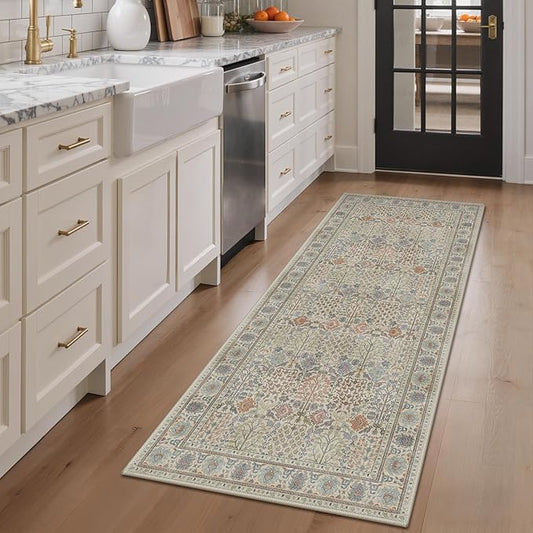 Bavni 2'6''x6 Rug Runners for Hallways, Washable Runner Rug Non Slip, Vintage Floral Print Style Rugs for Bedroom-Lightweight Low Pile Carpet for Hallways Bathroom, Earth Yellow