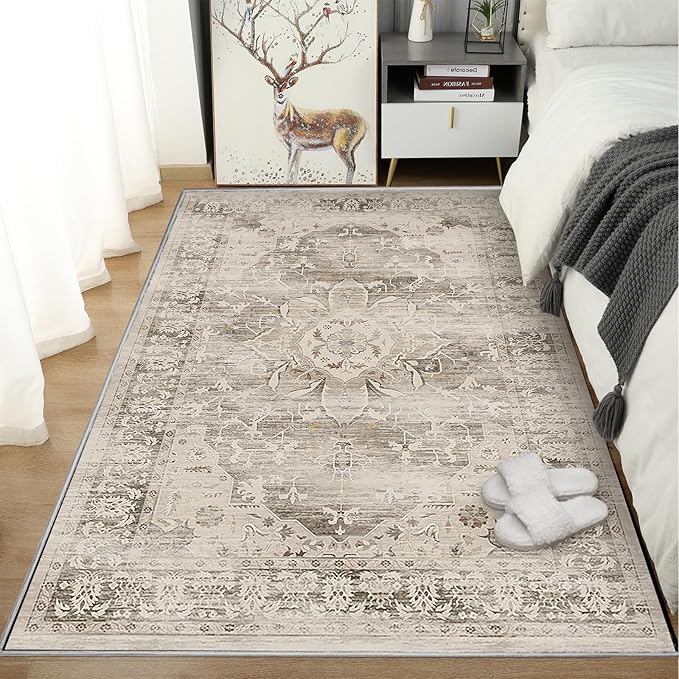 Washable Area Rugs for Living Room 5’x7’ Non Slip Low Pile Area Rugs for Bedroom Dining Foldable Vintage Carpets