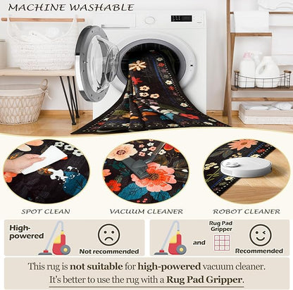 Floral 4x6 Area Rug Machine Washable Soft Print Boho Carpet Non Slip Doormat Low Pile Flower Area Rugs for Living Room Bedroom Nursery Kitchen Dining Room Indoor-Black