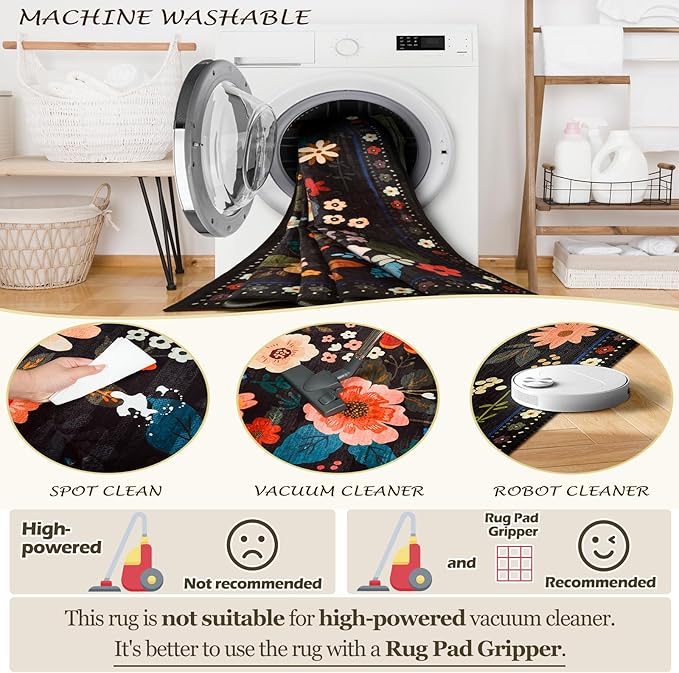 Floral 2x10 Area Rug Machine Washable Soft Print Boho Carpet Non Slip Doormat Low Pile Flower Area Rugs for Living Room Bedroom Nursery Kitchen Dining Room Indoor-Black
