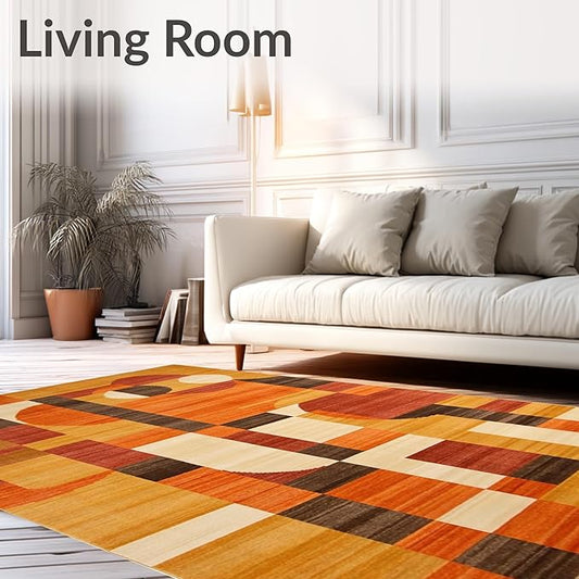 Flatwoven High Traffic Area Rug 8x10, Orange Rust Copper Abstract Geometric Shape, Non Slip, Stain Resistant, Washable Area Rugs for Living Room, Bedroom (Orange, 8x10)