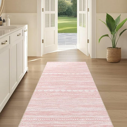 Nakagishi Runner Rug Kitchen Washable Rugs: 3x8 Non-Slip Boho Soft Modern Stain Resistant Indoor Floor Neutral Farmhouse Throw Carpet for Hallway Bathroom Laundry Room Entryway Bedroom- Pink