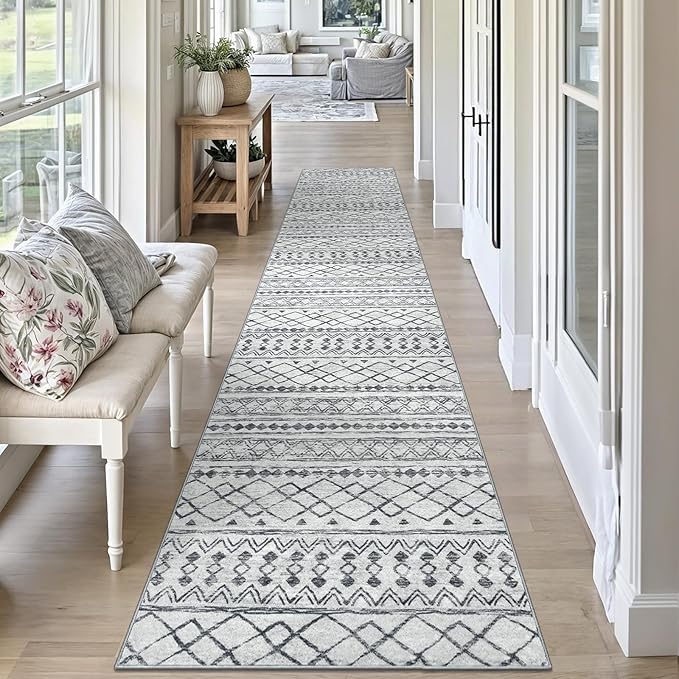 KUTA Moroccan Washable Runner Rug, 2x10 Non-Slip Vintage Grey Boho Hallway Kitchen Runners Ultra Soft Distressed Geometric Floor Carpet Rugs for Bedroom Laundry Living Room