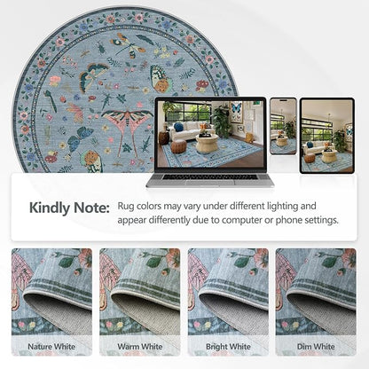 6ft Washable Round Rug - Bug Rugs for Living Room Non-Slip Low Pile Soft Ultra-Thin Machine Washable Circle Carpet for Bedroom, Entryway, Nursery, Kitchen, Home Office (6' Round Blue)