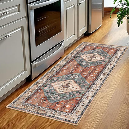 KOZYFLY Runners for Hallways 2x5 Ft Washable Kitchen Runner Rug Boho Runner Rug for Entryway Indoor Rust/Orange/Blue Printed Oriental Faux Wool Floor Carpet Runner for Laundry Room Kitchen Hall