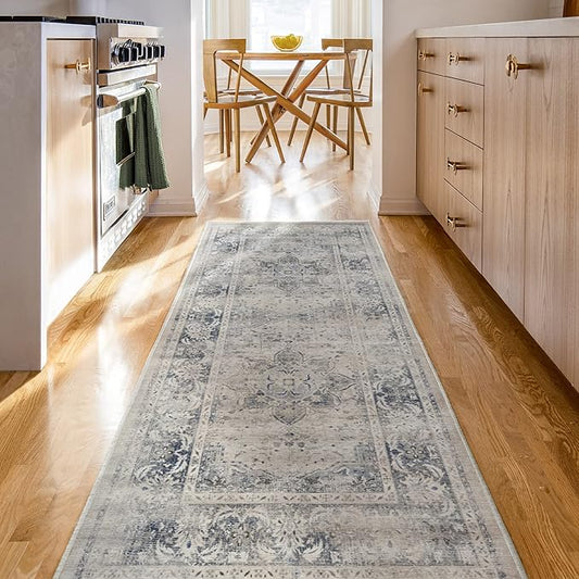 RUGGABLE Washable Vintage Runner Rug – Sarrah Blue Quartz 2.5x10, Stain-Resistant, Non-Slip Hallway Runner – Machine Washable Rug for Hallway, Entryway, Living Room & Kitchen–with Standard Pad