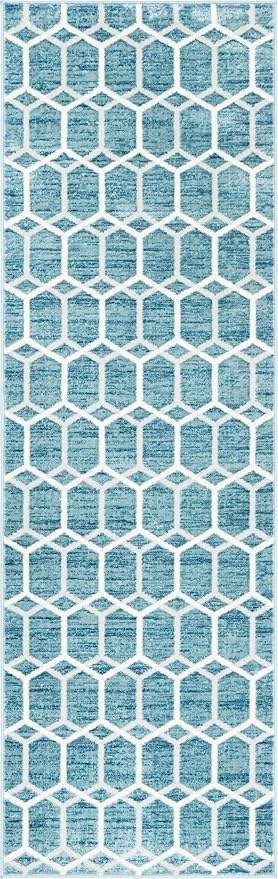 Rugs.com Lattice Trellis Collection Rug – 10 Ft Runner Blue Low-Pile Rug Perfect for Hallways, Entryways