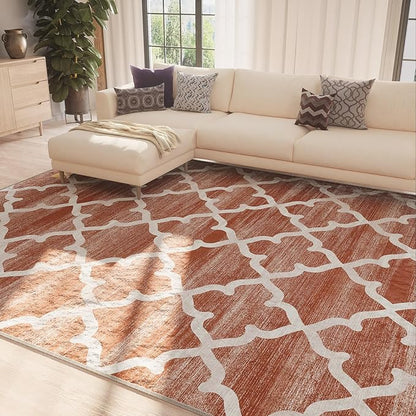 Area Rug 6x9, Moroccan Trellis Print Carpet, Machine Washable Non-Slip Rugs for Living Room, Bedroom, Dining Room & Entryway, Red