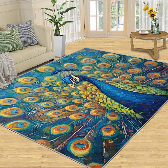 Peacock Area Rug 5x7-5x7 Rug, Wonderful Peacock Rugs for Living Room, Teal Turquoise Carpet, Peafowl Washable Area Rugs for Bedroom, Aesthetics Carpet - Peafowl Home Decor & Gifts