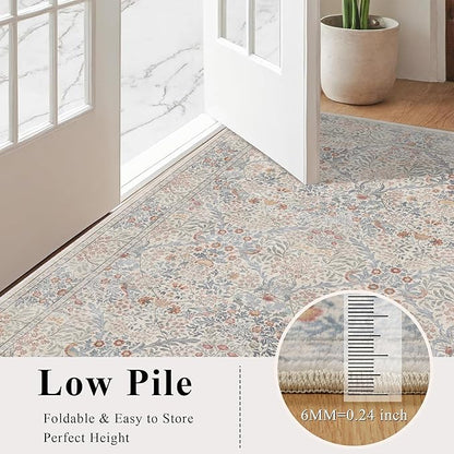 2x6 Floral Washable Area Rugs for Living Room, Vintage Boho Large Rug for Bedroom Dining Room， Distressed Botanical Birds Non Slip Low Pile Forest Animal Throw Carpet for Farmhouse Office, Beige Blue