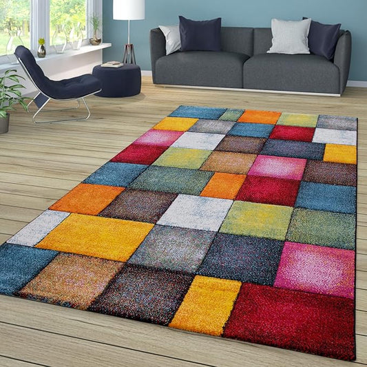 Paco Home Colorful Living Room Rug Checkered Design with Squares Multicolor, Size: 4' x 5'7"