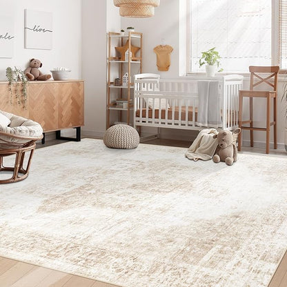 Area Rug 6x9 Washable Rug, Vintage Boho Medallion Rugs Non-Slip Soft Low Pile Large Distressed Rug Indoor Retro Carpet for Living Room Bedroom Dining Room Home Office (Beige, 6'x9')