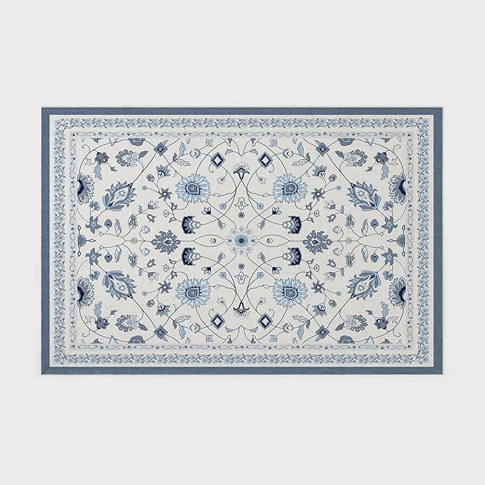 EVERGRACE Area Rugs for Living Room 6x9, Boho Floral Faux Wool Indoor Outdoor Rugs, Washable Rugs for Bedroom Dining Room Entryway Kitchen, Low Pile Floor Mat Carpet for Home Decor, Porcelain Blue