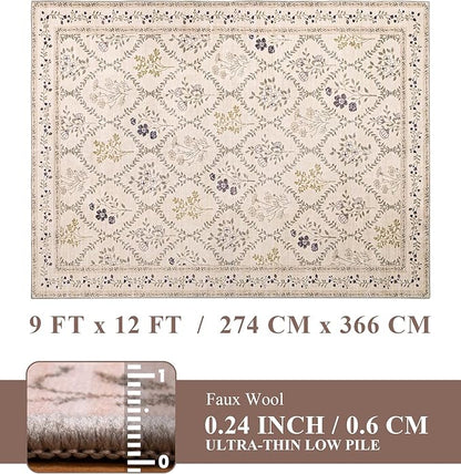 YIHOUSE Beige Floral Print Rugs, Moroccan Trellis 9x12 Washable Large Rug, Modern Pastel Non Slip Ultra-Thin Area Rug for Classroom, Nursery Playroom,Dorm,Bedroom,Living Room, Beige Multi