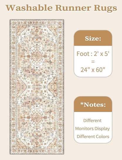 SERISSA Boho Washable Runner Rug, 2x5 Non-Slip Vintage Peach Cream Hallway Kitchen Runner Rug Ultra Soft Print Distressed Floor Carpet for Bedroom Bathroom Laundry Living Room