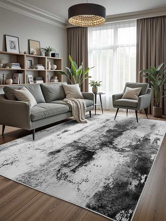 Washable Abstract Rug, 3x5 Modern Area Rugs with Non-Slip Rubber Backed for Bedroom, Thin but Soft Contemporary Carpet Kitchen Living Room Decor, Black Grey