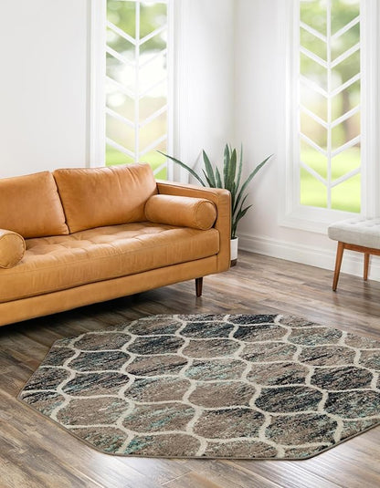 Rugs.com Lattice Frieze Collection Rug – 6 Ft Octagon Blue Multi Medium-Pile Rug Perfect for Living Rooms, Kitchens, Entryways