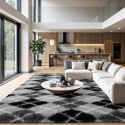 Zentavio Area Rugs for Living Room Large Rugs for Bedroom 6x9 Carpet Fluffy Fuzzy Soft Shag Aesthetic Plush High Pile Gray Throw Rug for Nursery Kids Room Dorm Diomond Black
