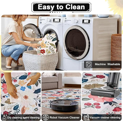 Floral Rug Door Mat Indoor Entrance 2x3 Rug Washable Small Area Rug Non-Slip Low-Pile Floor Carpet for Indoor Entryway Front Entrance Kids Room（Pink）