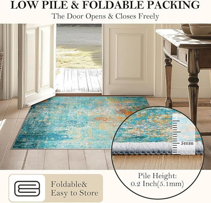 Washable Area Rugs 2'x8' Non-Slip Modern Abstract Soft for Living Room Entryway Bedroom Nursery, Print Pattern, Teal Blue Green Orange Rust Red Coloreful